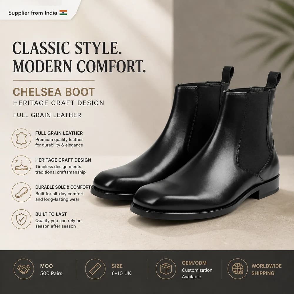 Chelsea Boot Heritage Craft Design Full Grain Leather MOQ 500 Pairs Size 6-10 UK