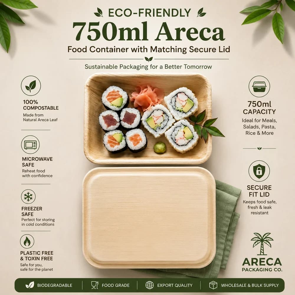 750ml Areca Palm Leaf Rectangle Food Container with Lid Biodegradable Food Storage Box
