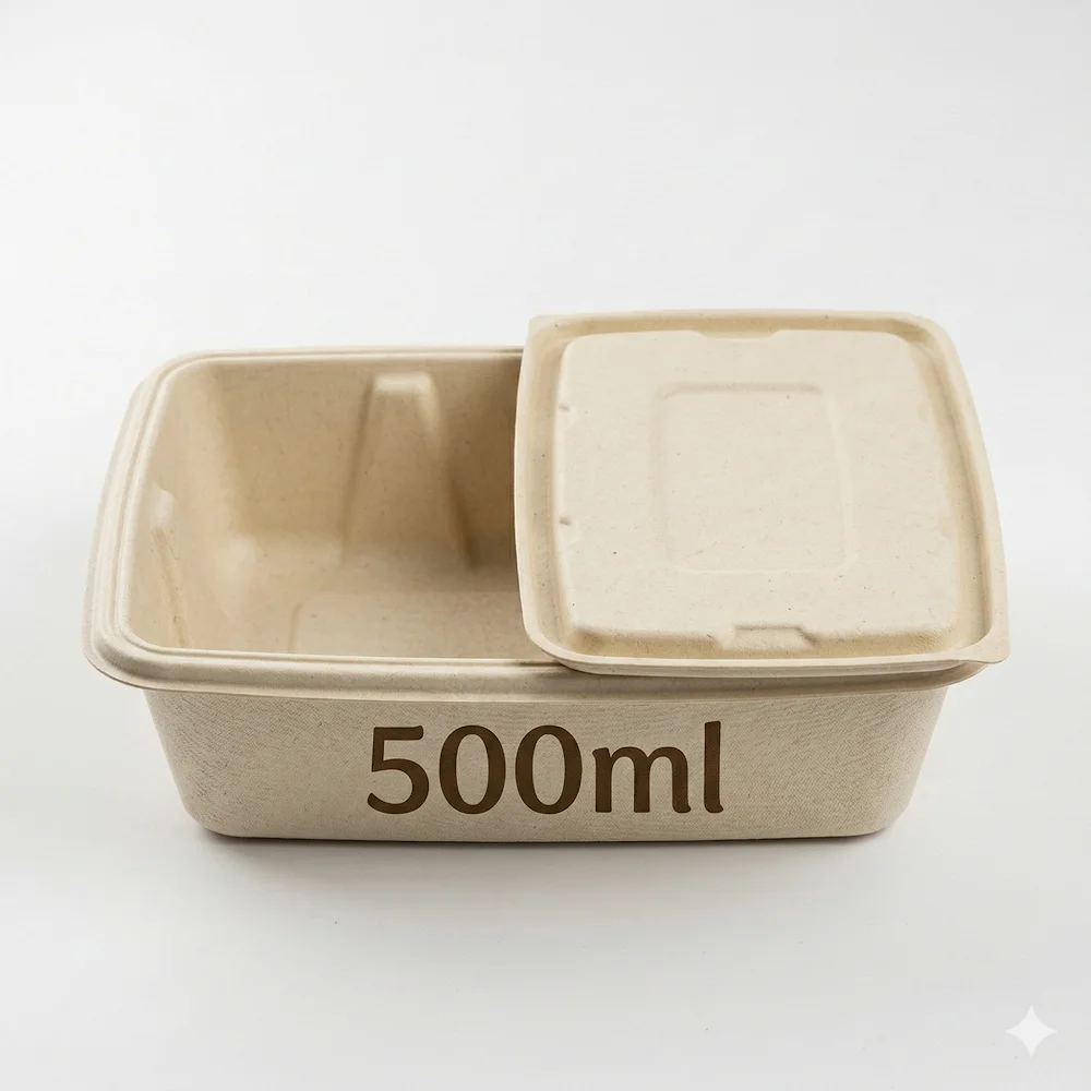 500 mL Rectangular Bagasse Container | Stackable Profile | Compostable Packaging