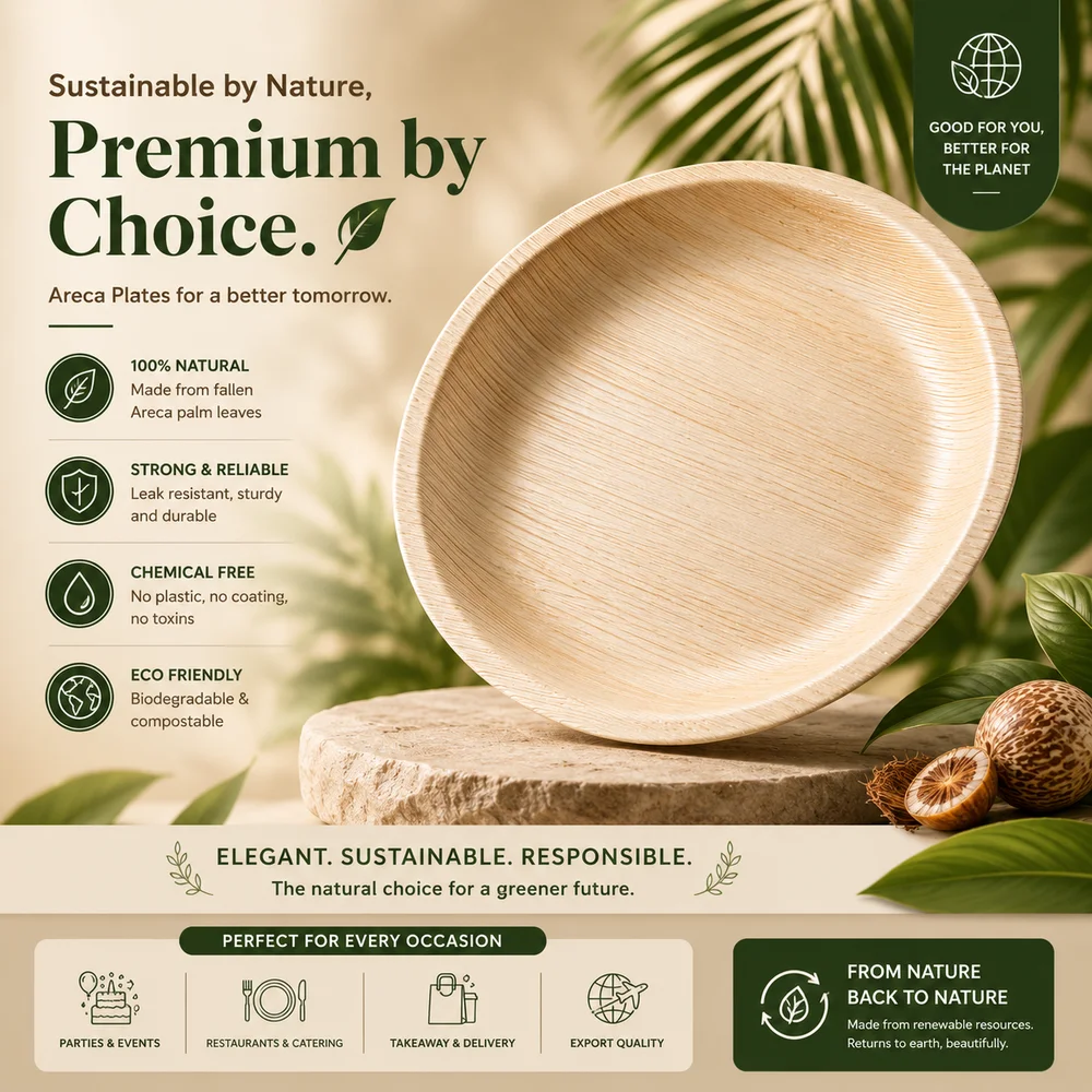 Round Areca Palm Leaf Plate Shallow Biodegradable Disposable Dinner Plates