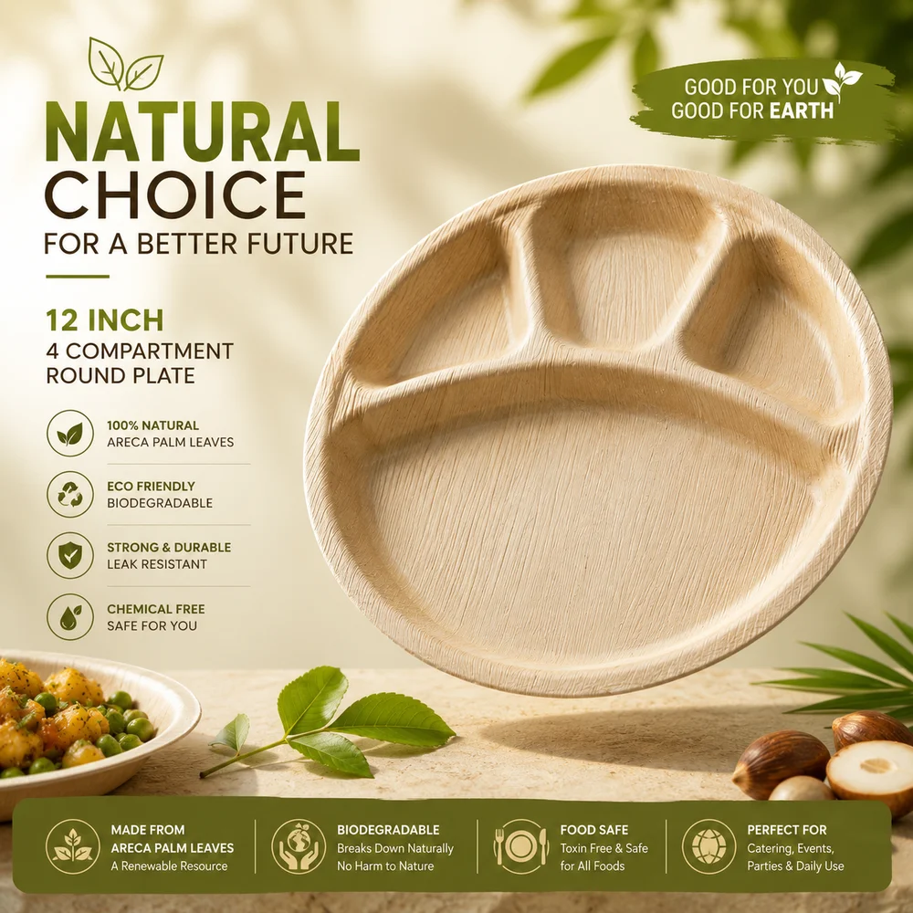 12-Inch Round Areca Palm Leaf 4-Compartment Plate Biodegradable Buffet Plate