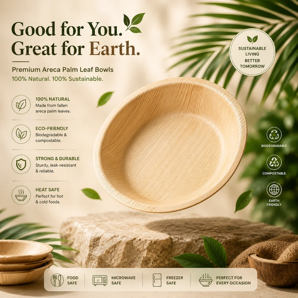5-Inch Round Areca Palm Leaf Bowl Deep Profile Export-Grade Bio-Disposable