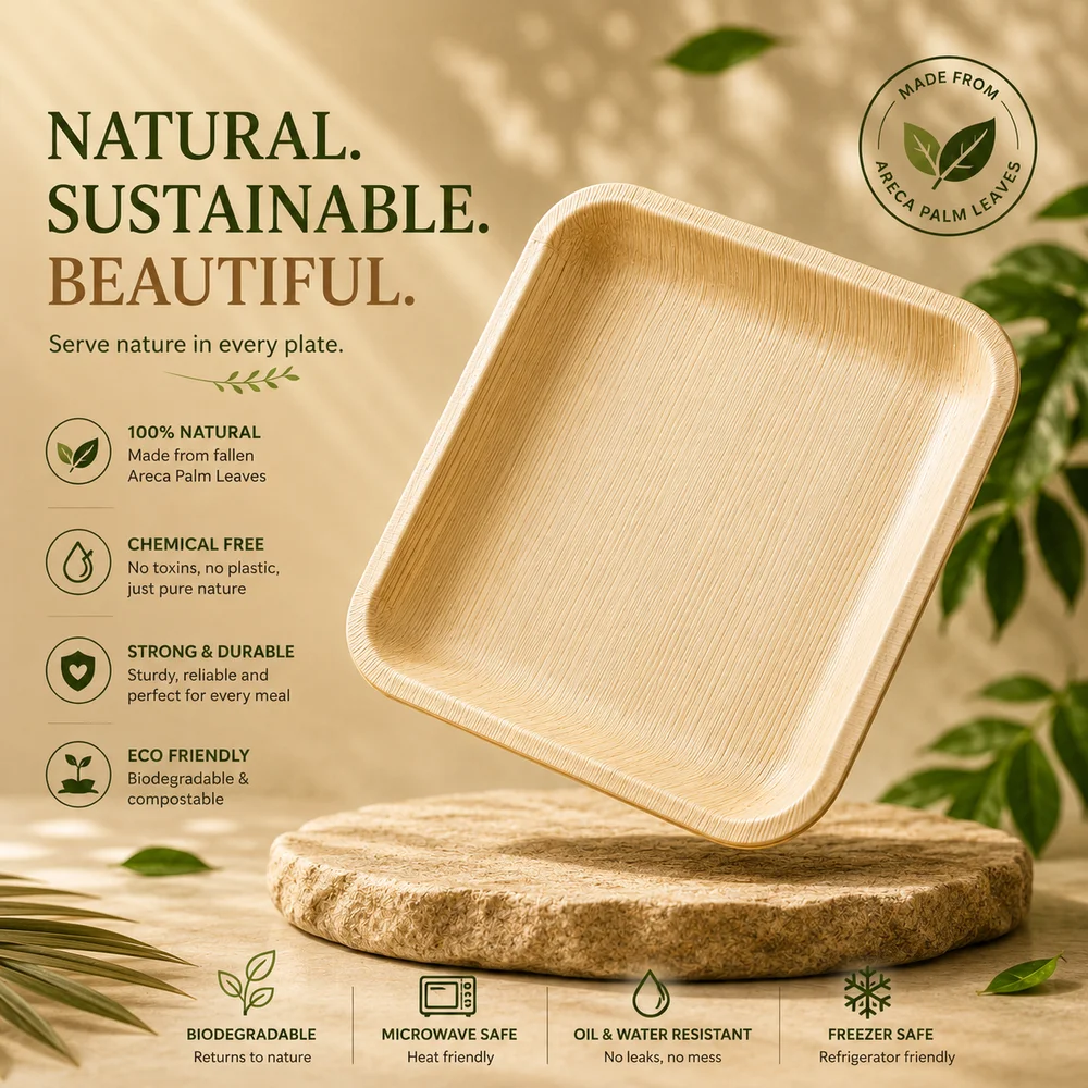 Square Areca Palm Leaf Deep Plate Biodegradable Disposable Plates for Catering & Hospitality