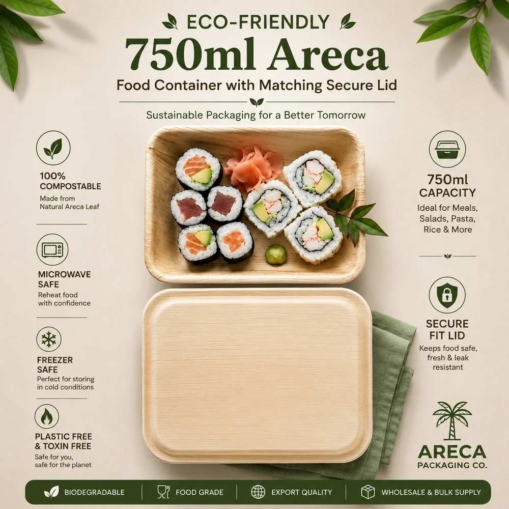 750ml Areca Palm Leaf Rectangle Food Container with Lid Biodegradable Food Storage Box
