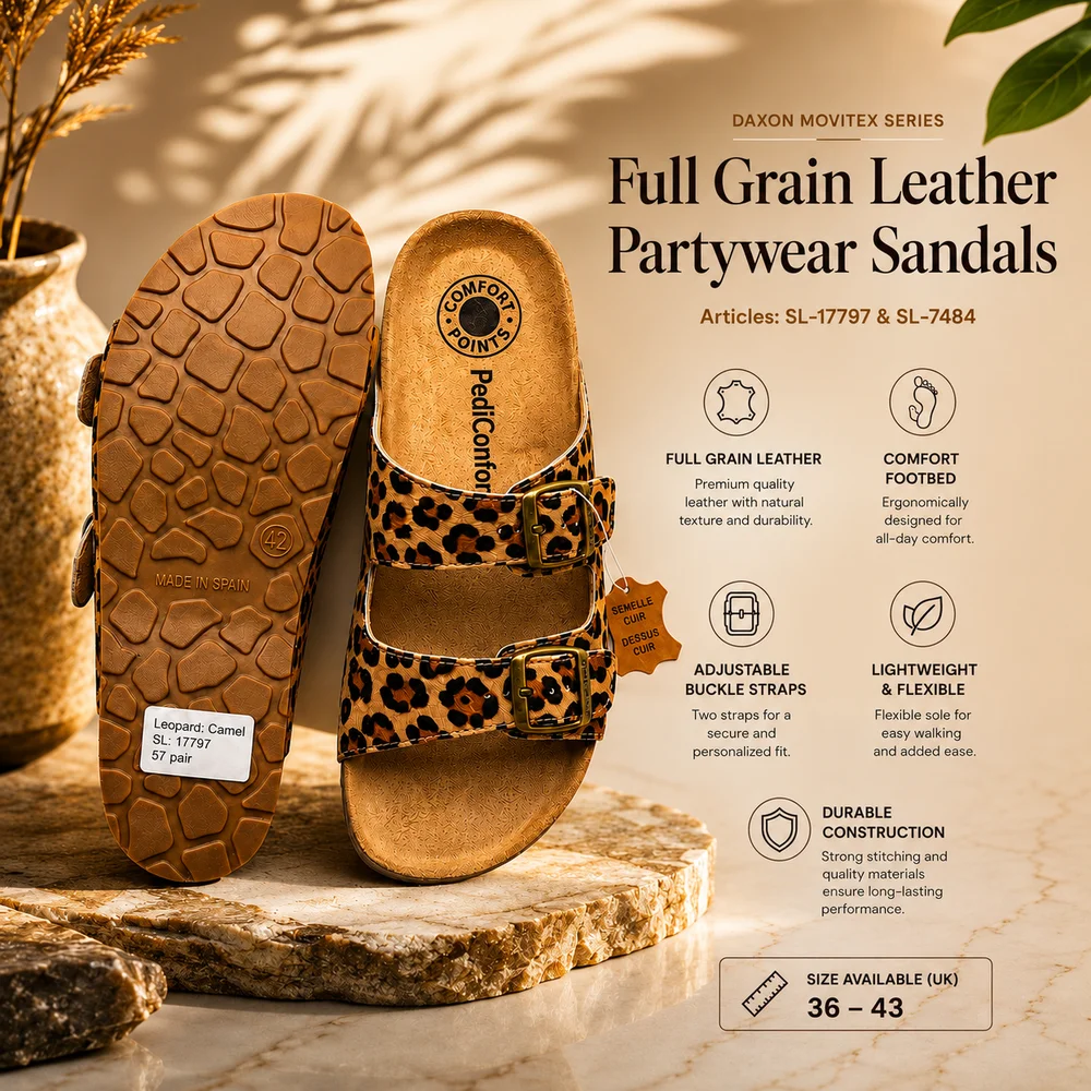 Full Grain Leather Partyware Sandals Daxon Movitex Series Export-Grade Bio-Degradable Size 36-43