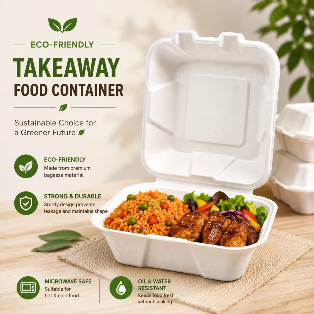 Bagasse Clamshell Containers 6x6, 9x6, 8x8 & 9x9 Compostable Food Boxes