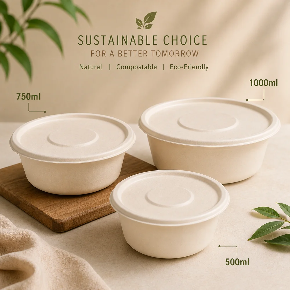 Round Bagasse Bowl with Lid 500 ml, 750 ml & 1000 ml Compostable Food Containers