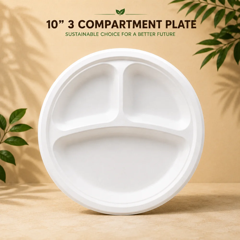 3 Compartment Sugarcane Bagasse Plates 9 Inch & 10 Inch Disposable Tableware For Catering & Restaur