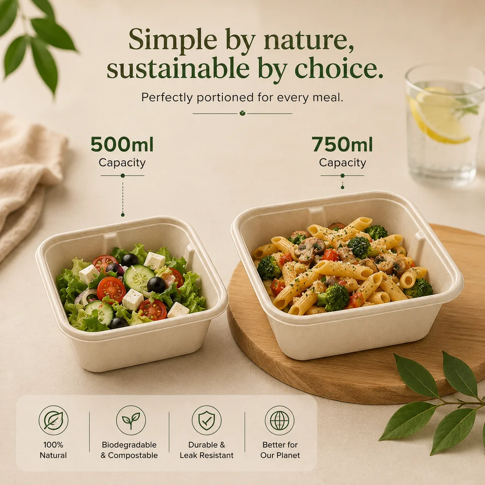 Rectangular Bagasse Containers with Lids 500 mL & 750 mL Compostable Food Containers