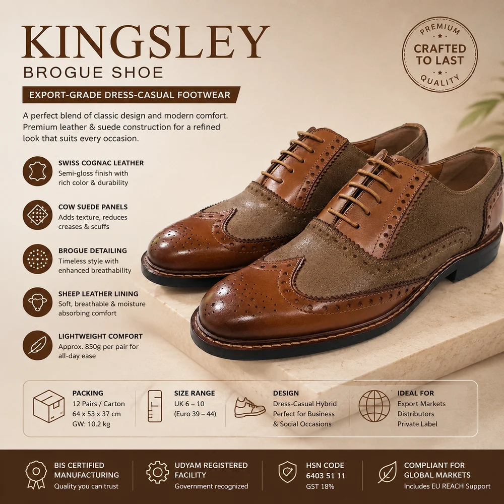 Suede-Leather Brogue Kingsley Design Full Grain Construction MOQ 500 Pairs Size 6-10
