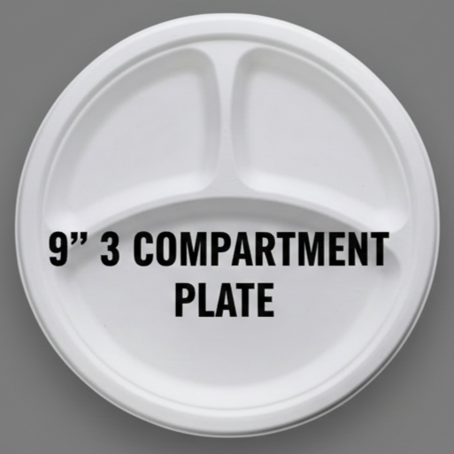 9 Inch 3-Compartment Bagasse Plate | Portion Segregation | Compostable Tableware | MOQ 600